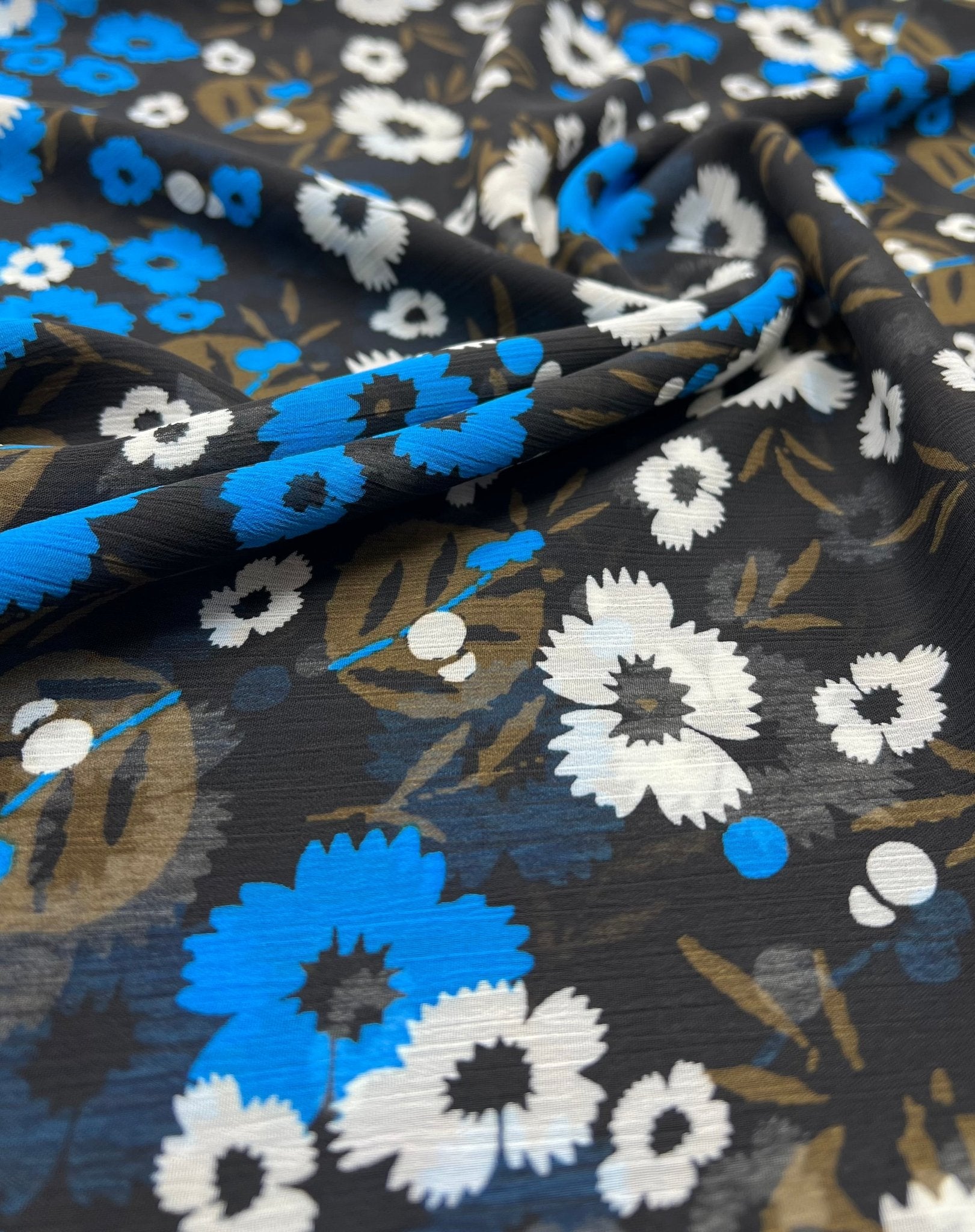 Black Blue White Floral Printed Chiffon Dress Fabric - T9 Fabrics